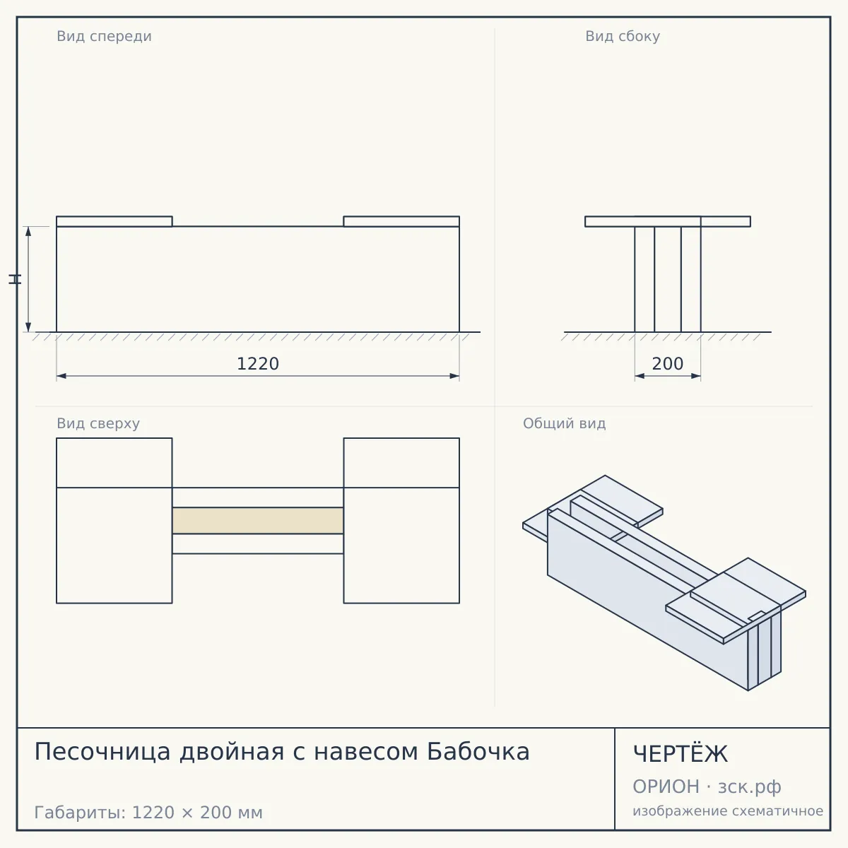 Песочница двойная с навесом Бабочка — чертёж
